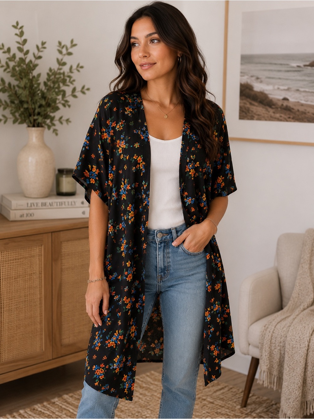 197) Cover Me Black Floral Kimono Duster | Boho Lightweight Open Front Cover-Up